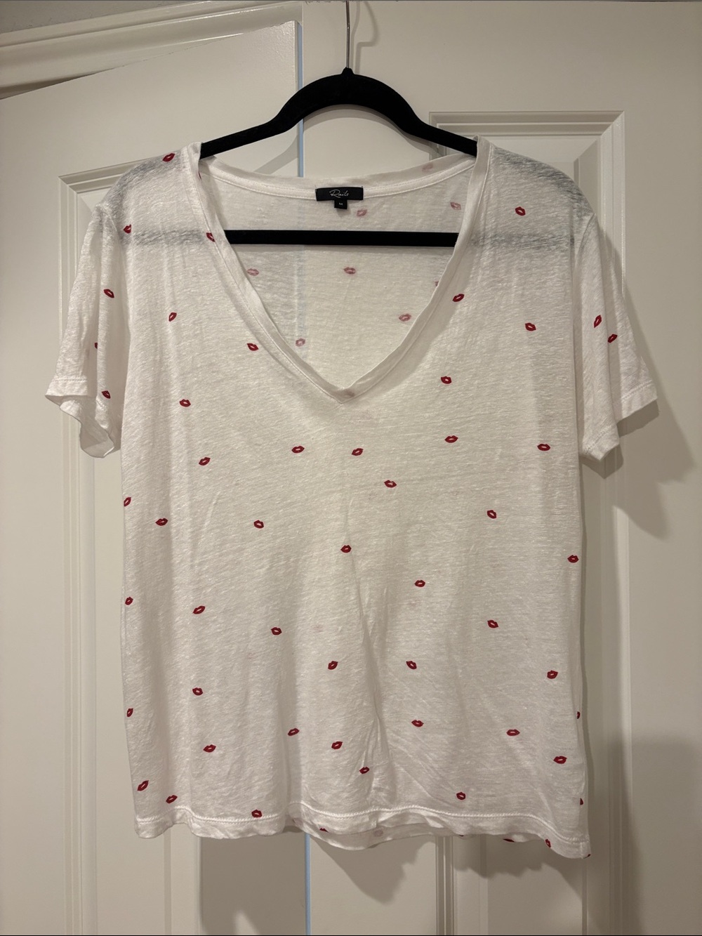 Rails White V-Neck Tee with Red Lip Motif